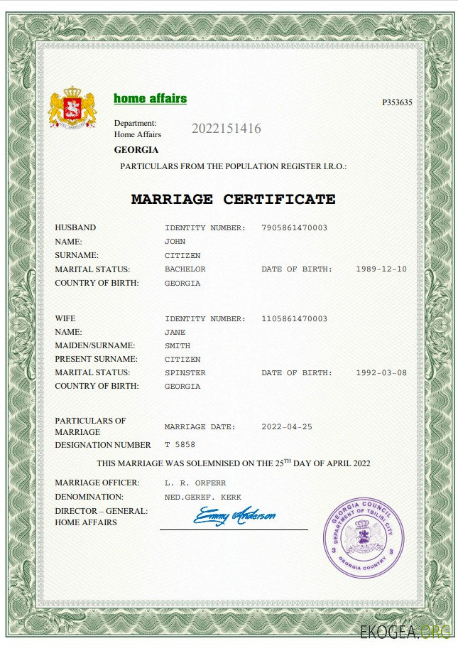 Modèle Word et PDF de certificat de mariage en Géorgie